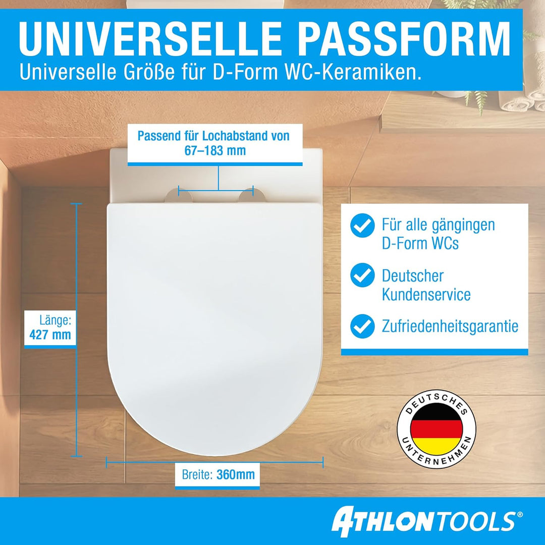 ATHLON TOOLS Toilettendeckel mit Absenkautomatik D-Form – Duroplast WC Sitz, Soft-Close & Quick-Rele
