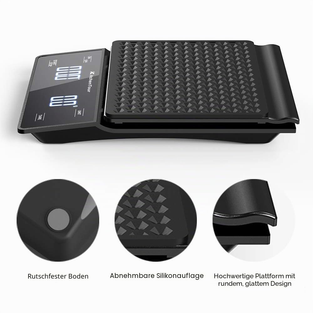 KitchenTour Kaffeewaage mit Timer 3kg/0,1g Hohe Präzision Pour Over Drip Espresso Waage mit hintergr