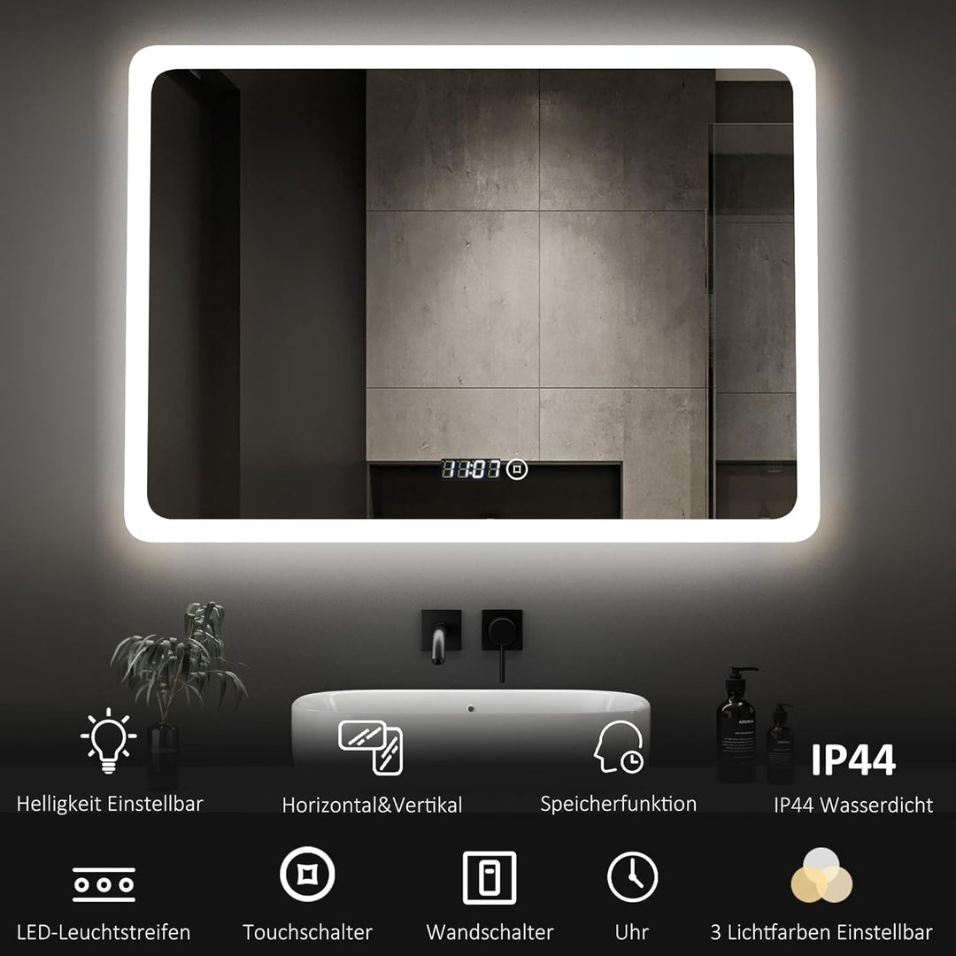 Boromal LED Badspiegel mit Uhr 80x60cm Badezimmerspiegel mit Beleuchtung 6500K Kaltweiss Wandspiegel