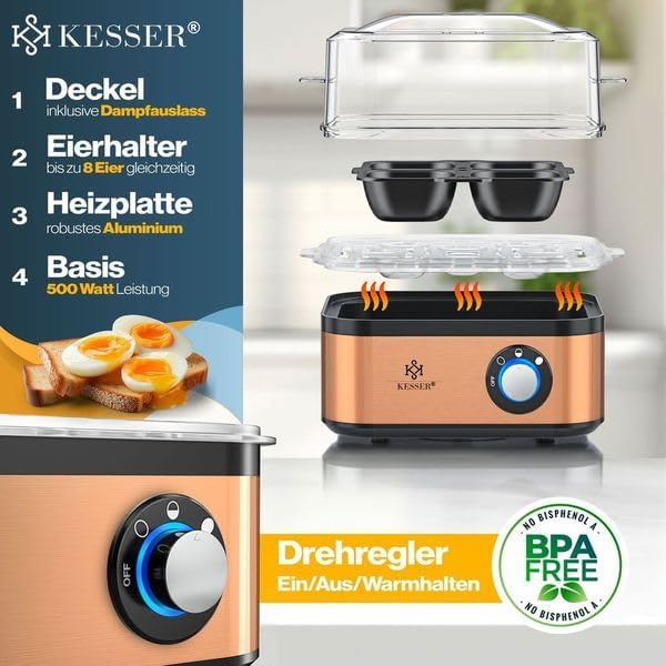 KESSER® Eierkocher für 1 bis 8 Eier elektrisch aus Edelstahl 500W & Warmhaltefunktion | LED-Drehscha