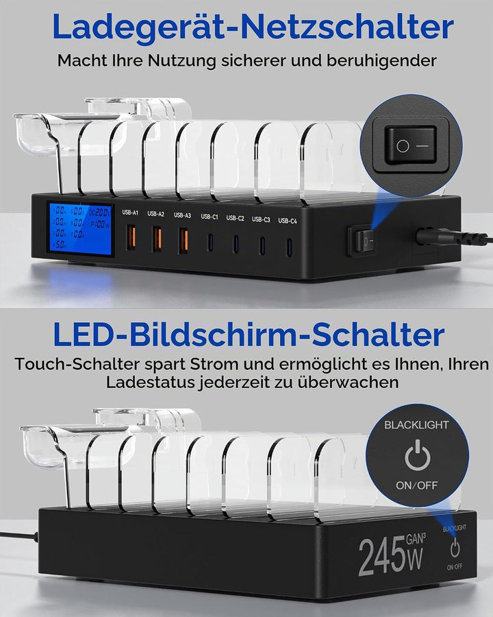Ladestation Mehrere Geräte, 245W 7-Port-Handy Ladestation mit LCD-Anzeige, 100W PD USB C Schnelllade