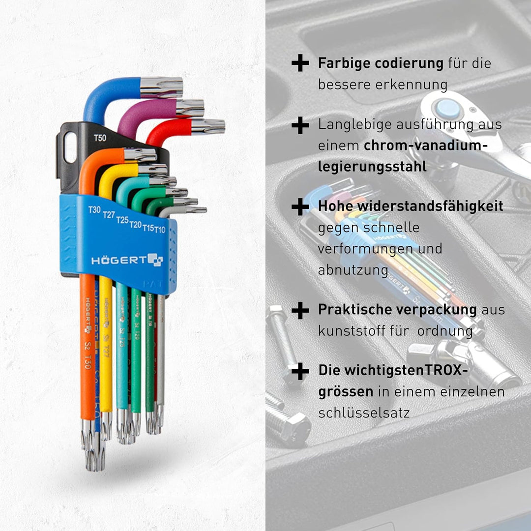 Högert Technik - TORX Set Schlüssel 9 Stück T10-T50, Schraubendreher Imbus 6kant Schlüssel Set Winke