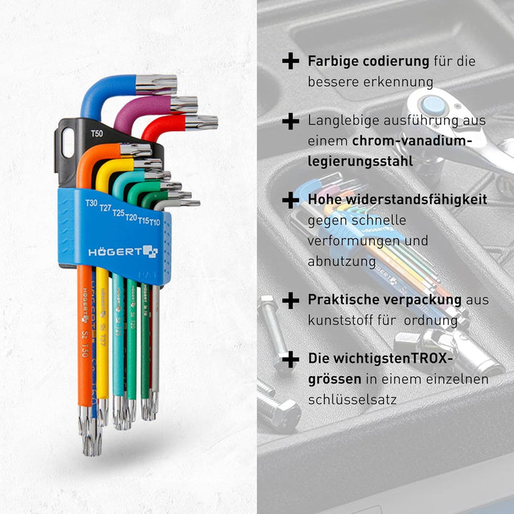 Högert Technik - TORX Set Schlüssel 9 Stück T10-T50, Schraubendreher Imbus 6kant Schlüssel Set Winke