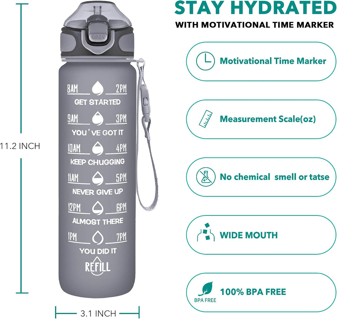 Enerbone 900 ml Wasserflasche mit Zeiten zum Trinken und Strohhalm, motivierende Trinkwasserflaschen