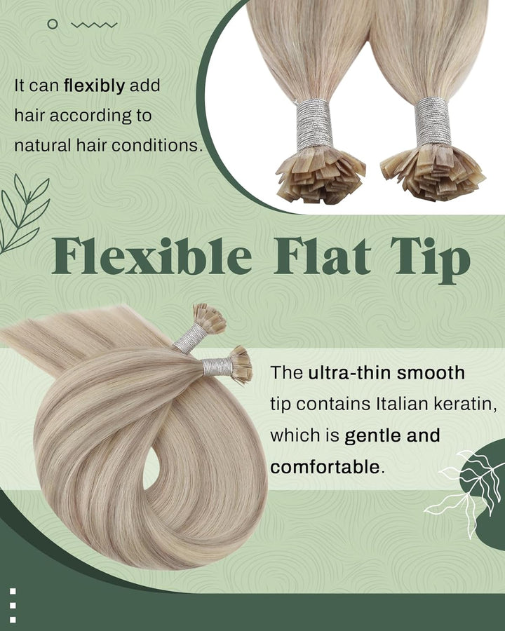Ugeat Keratin Extensions Echthaar Flat Tip 45cm Keratin Haarverlängerung Echthaar Gesträhnt Aschblon