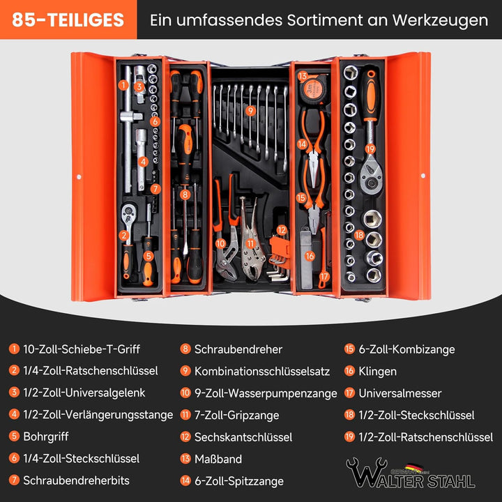 WALTER STAHL Werkzeugkoffer, 85 Stück Steckschlüsselsatz mit Metall Werkzeugkasten, Ratschenschlüsse