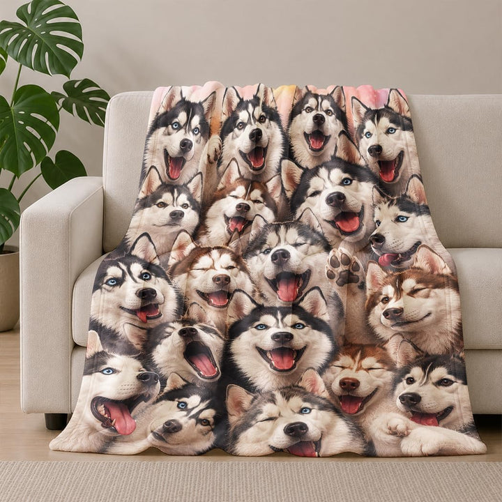 Husky Collage Flanell Decke, Lustige Wohndecke mit Husky-Gesichtern, Hundedecke für Hundefans, 150x2