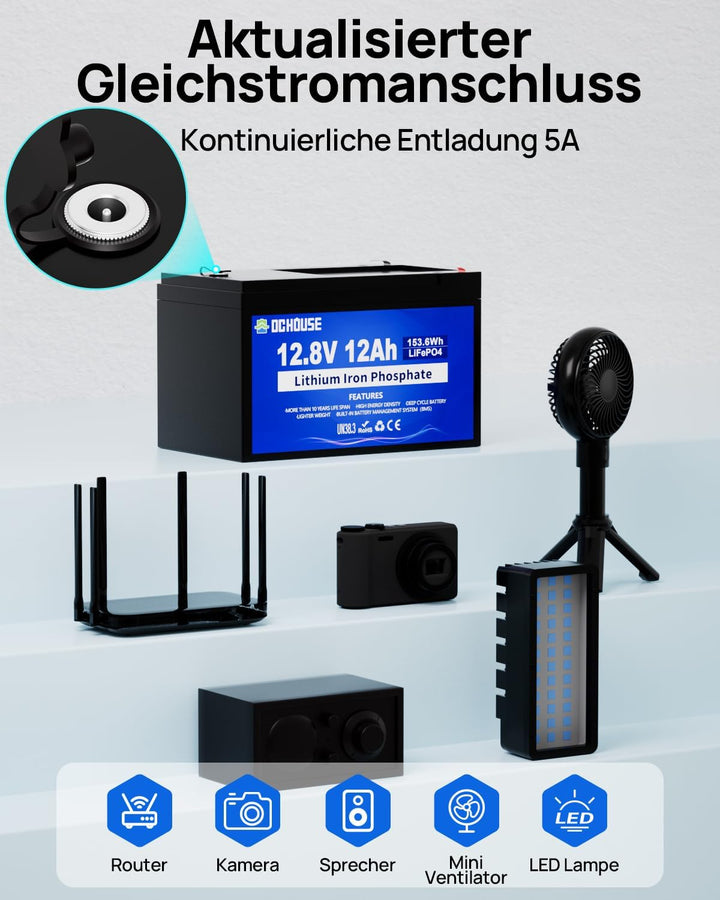 DCHOUSE 12V 12AH LiFePO4 Lithium Batterie mit 15A BMS, 10 Jahre Lebensdauer, 10000+ Zyklen, für Mari