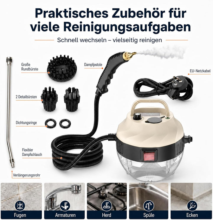 Dampfreiniger Handgerät, 15 Sekunden Aufheizzeit, 1L Wassertank, 1500W & 6 Geschwindigkeitsstufen, S