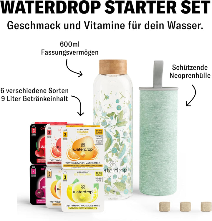 waterdrop® Starter Set Glass – Trinkflasche – 18 zuckerfrei Getränkewürfel zum Auflösen – 6 fruchtig