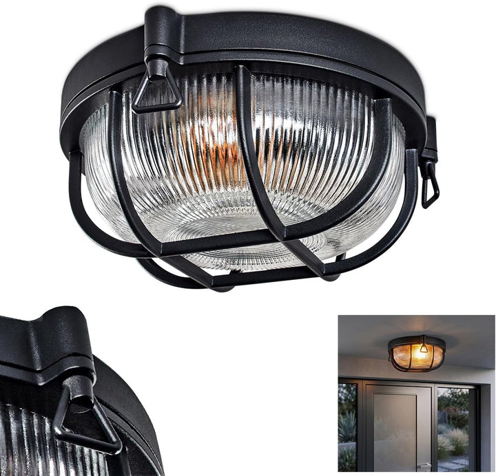 HOFSTEIN Aussendeckenleuchte Godel, Aussendeckenlampe aus Metall/Riffelglas in Schwarz/Klar, Deckenl