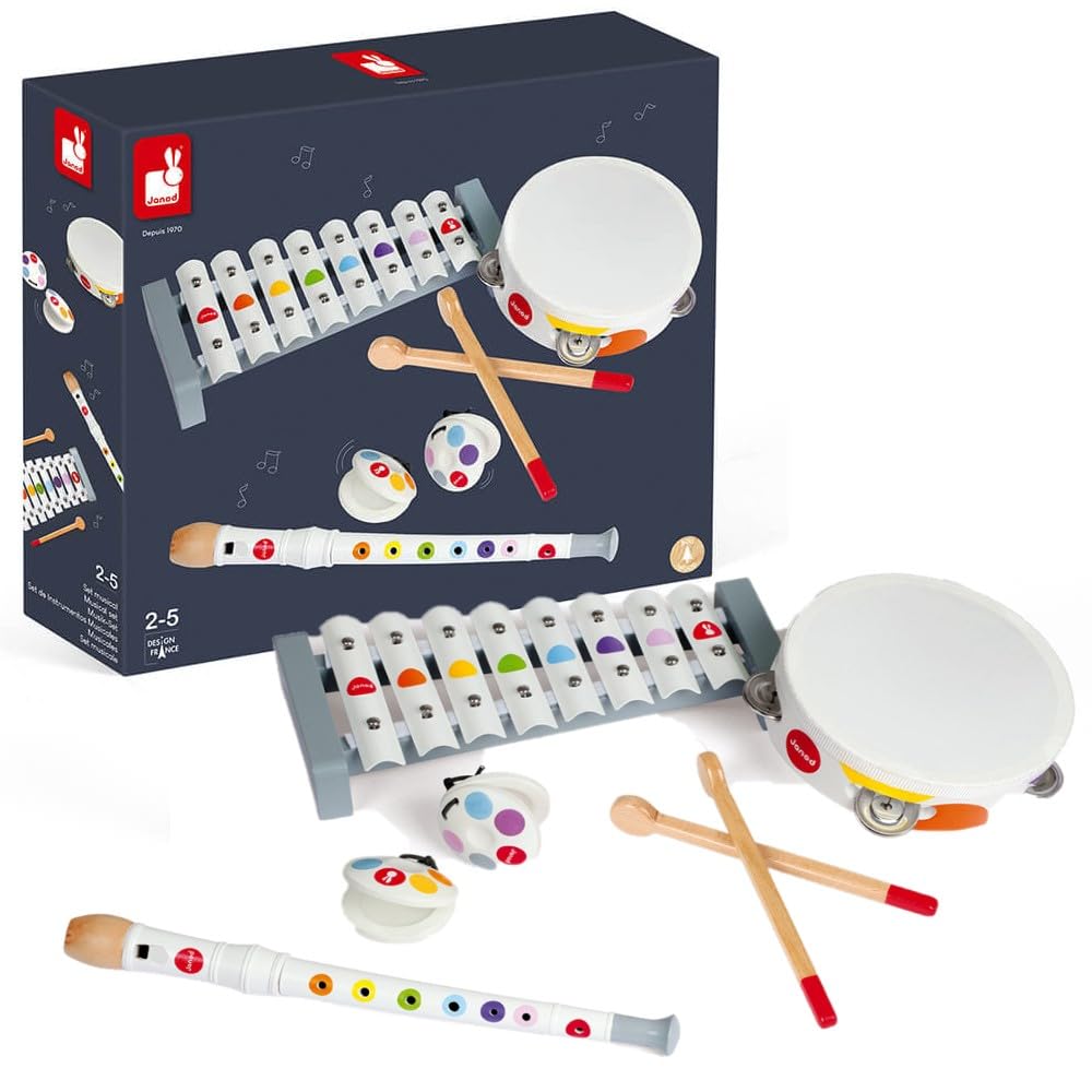 Janod - Confetti Holz-Musikset mit 4 Instrumenten, Musikinstrument für Kinder, Spielzeugnachbildung