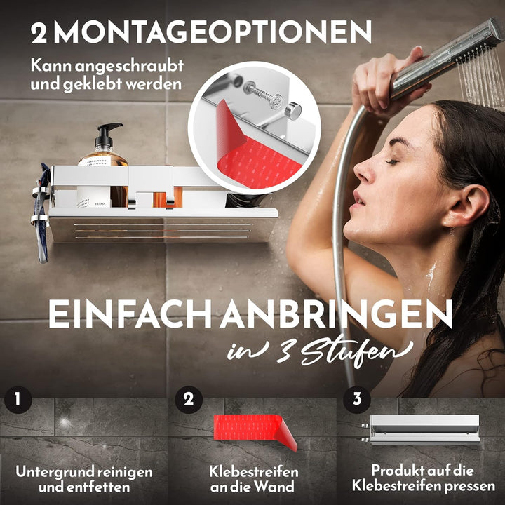 HENAL® Duschablage SET 5 in 1, Hochglanz Edelstahl-Duschablage ohne bohren, Duschregal inklusive Ras