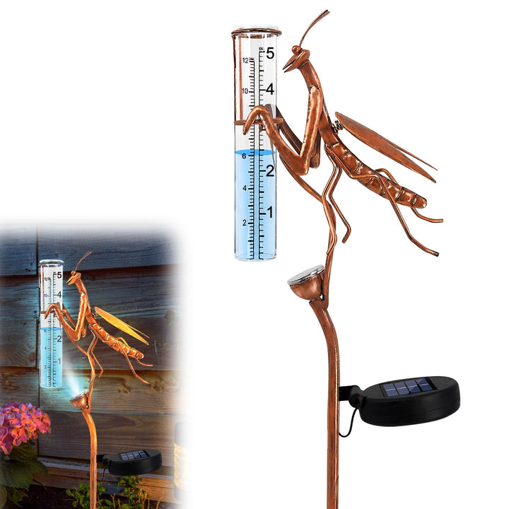 BORDEAG Solar Regenmesser für Garten mit Erdspiess und LED, Solarbetriebener Regenmesser, Dekorative