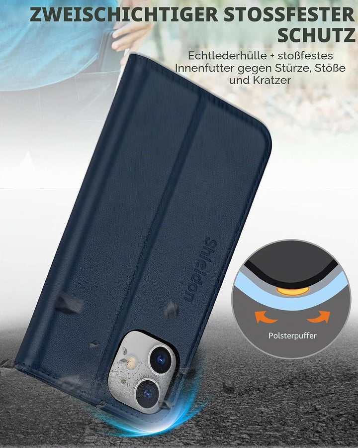 SHIELDON iPhone 12 Pro Hülle, Handyhülle iPhone 12 [Rindsleder] [Verdicht TPU] [Kartenfach] [Stand]