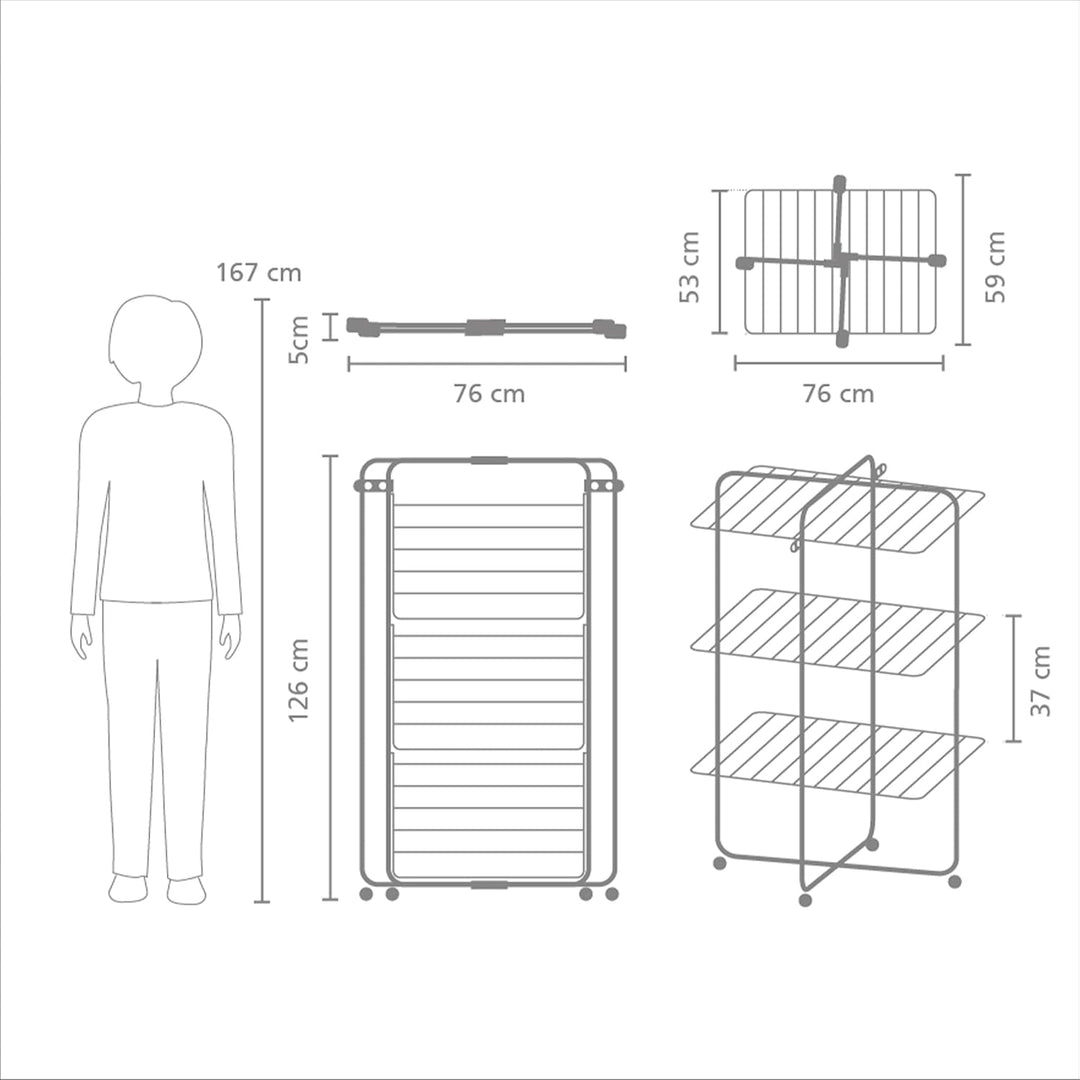 Brabantia HangOn Tower Drying Rack, 23 m (weiss), Turmwäscheständer klappbar, platzsparender Standtr