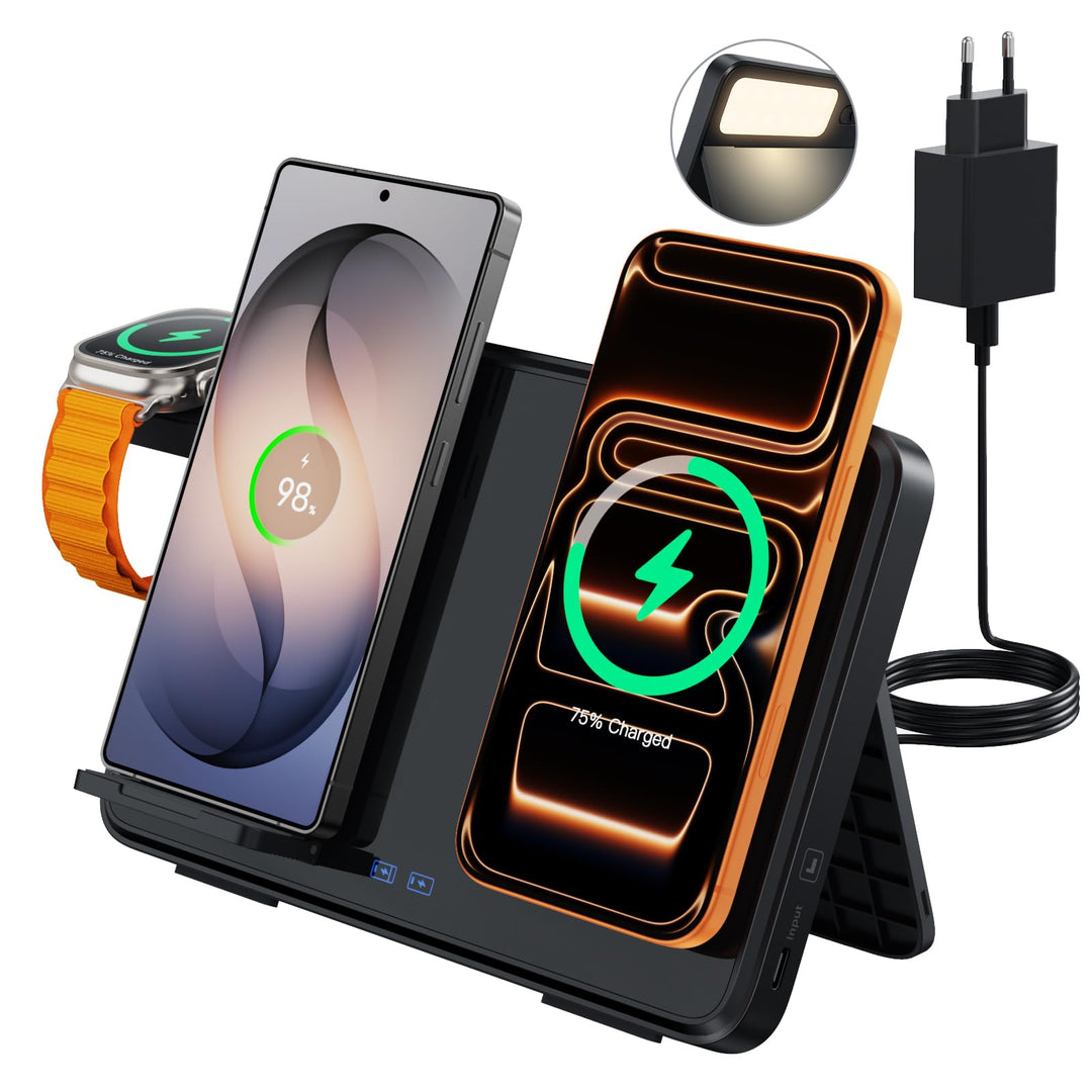 Dual Induktive Ladestation für iPhone & Samsung – Faltbarer 4-in-1 Wireless Charger mit Nachtlicht f
