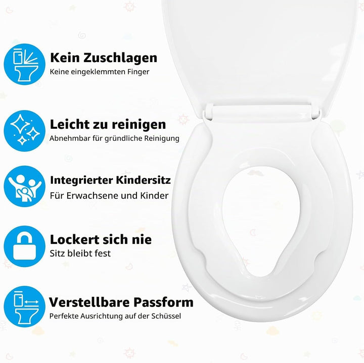 Familien Toilettendeckel mit Kinderaufsatz, 2-in-1 WC-Sitz Oval aus PP Kunststoff, Sanfte Absenkauto