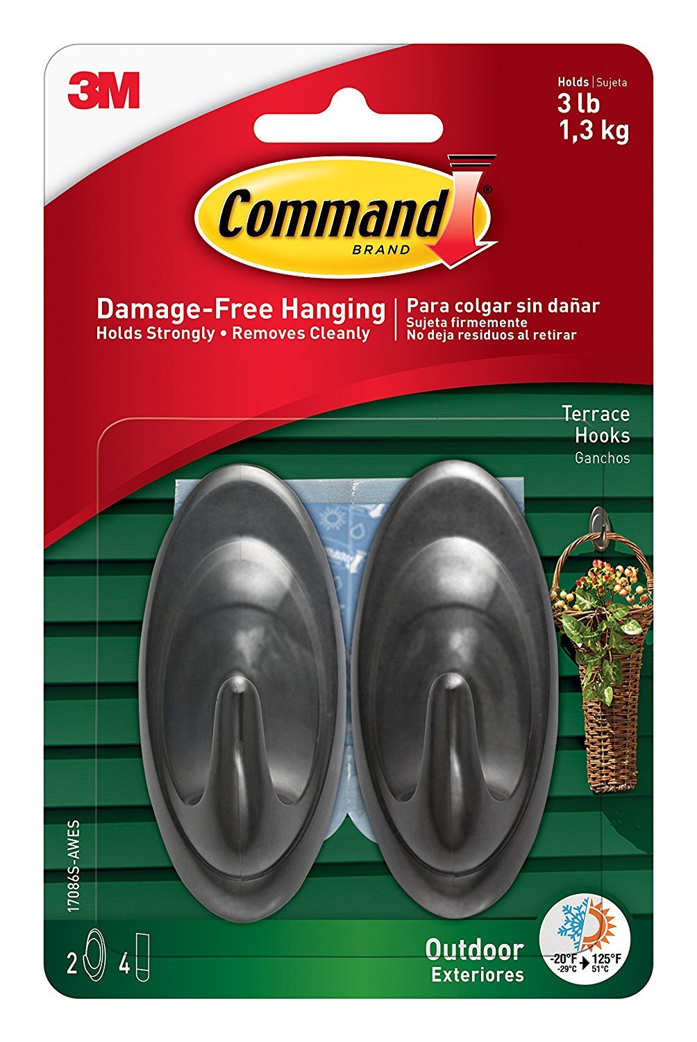 Command Terrassenhaken für den Aussenbereich, Medium, Schiefer, 2 Haken, 4 Stück 8 Hooks Schiefer -