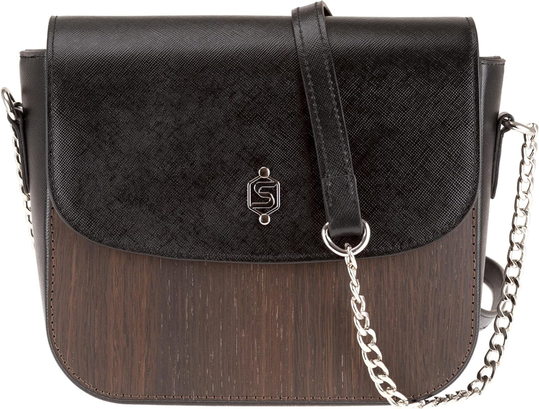 SEBASTIAN STURM Umhängetasche „Laura“ | Echtes Holz und Leder | Handtasche Klein Schwarz / Räucherei