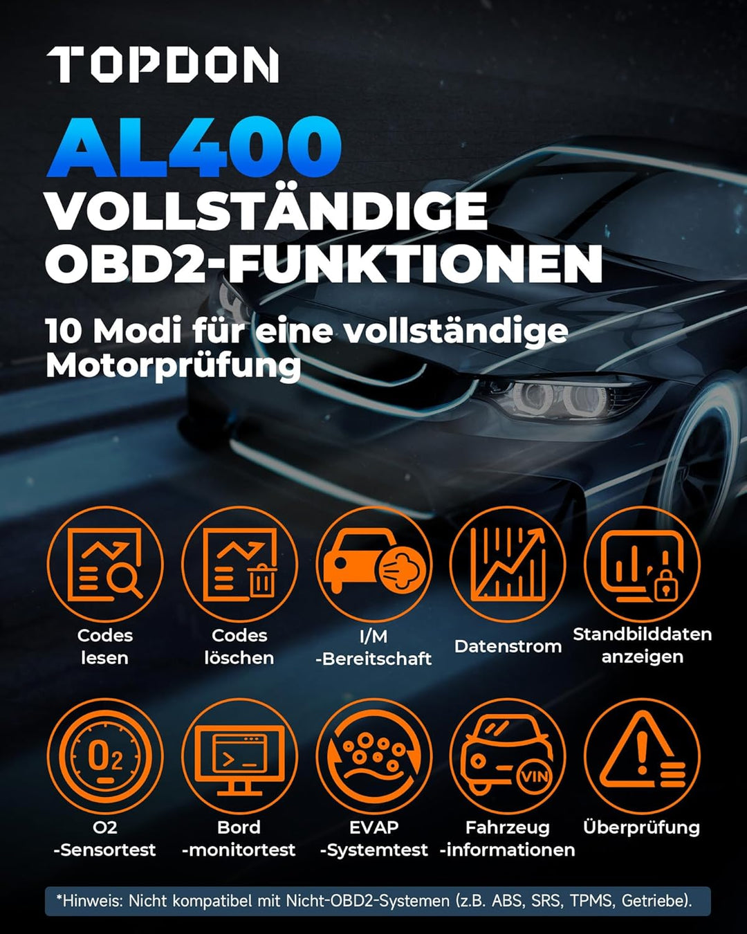 TOPDON AL400 OBD2 Diagnosegerät, 10 OBD2 Modi, One Touch I/M Bereitschaftstaste, lebenslange Updates