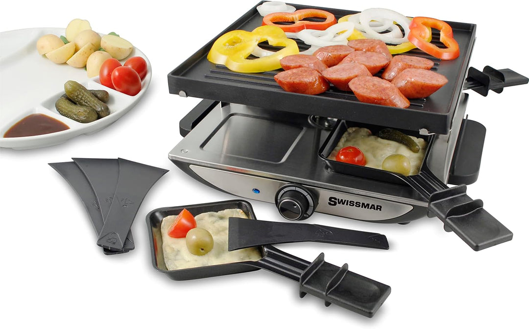 Swissmar Geneva Raclette 4 Personen, Raclette Grill mit Pfännchen und Schiebern, Mini Raclette-Grill
