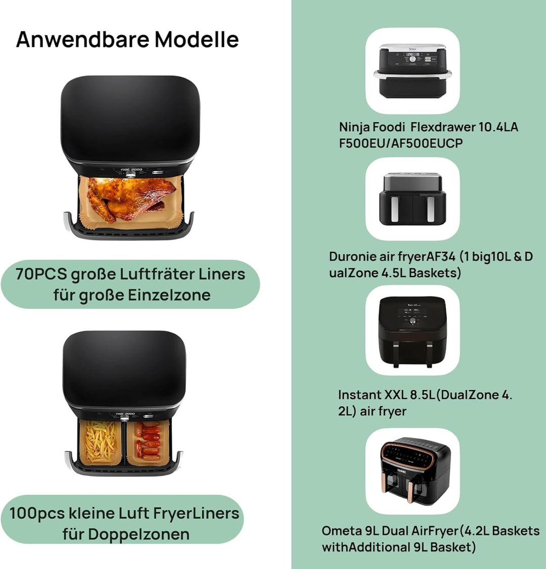170pcs Airfryer Backpapier für Ninja Foodi Flexdrawer AF500EU 10.4L, Backpapier für Heissluftfritteu