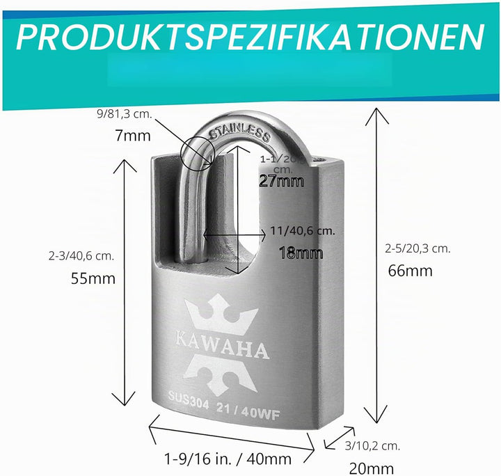 21/40KD-3SK Hochsicherheits-Vorhängeschloss aus Edelstahl mit Schlüssel für den Innen- und Aussenber