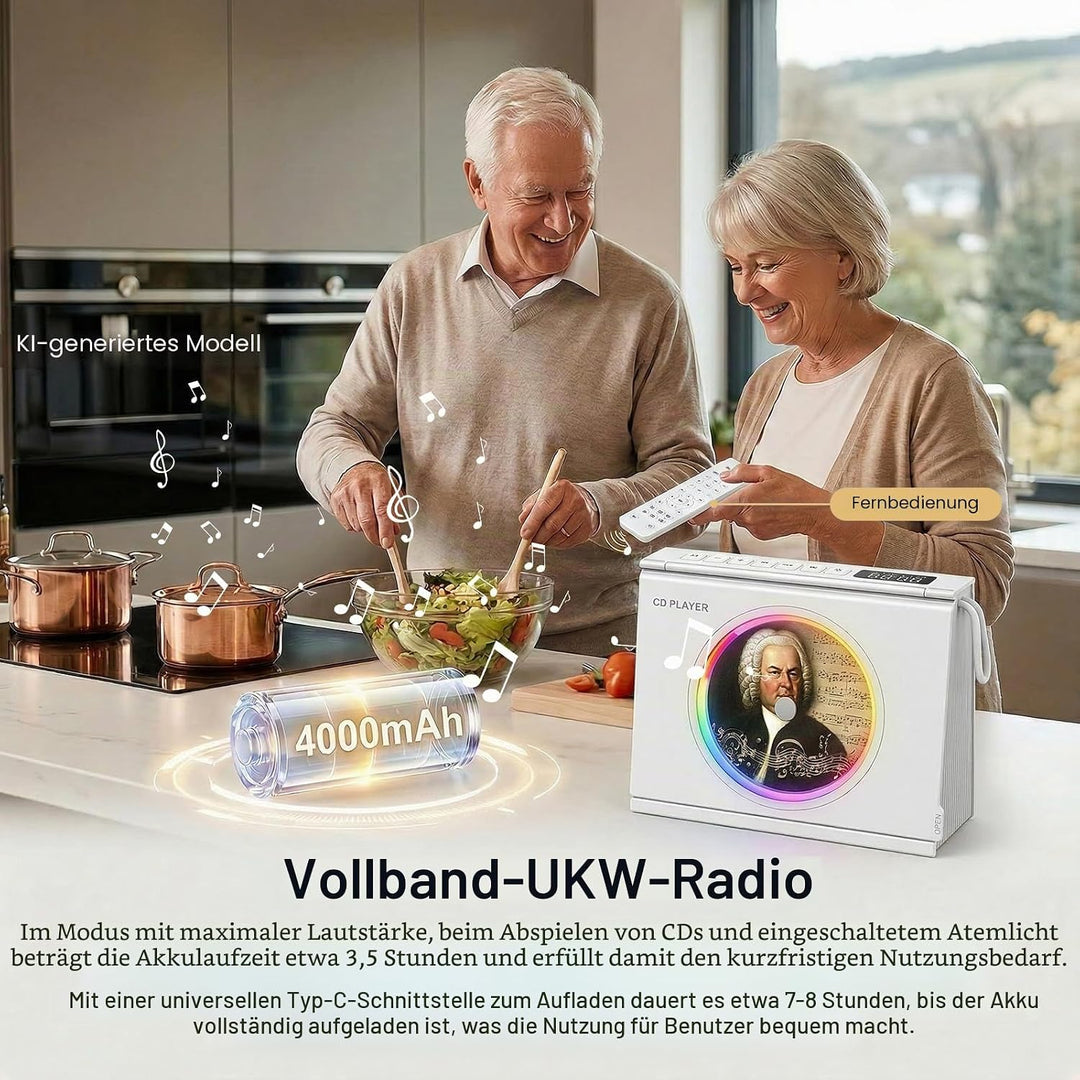 Gueray Tragbarer CD-Spieler mit Licht, Bluetooth 5.3 CD-Player mit Fernbedienung HiFi-Lautsprecher 4