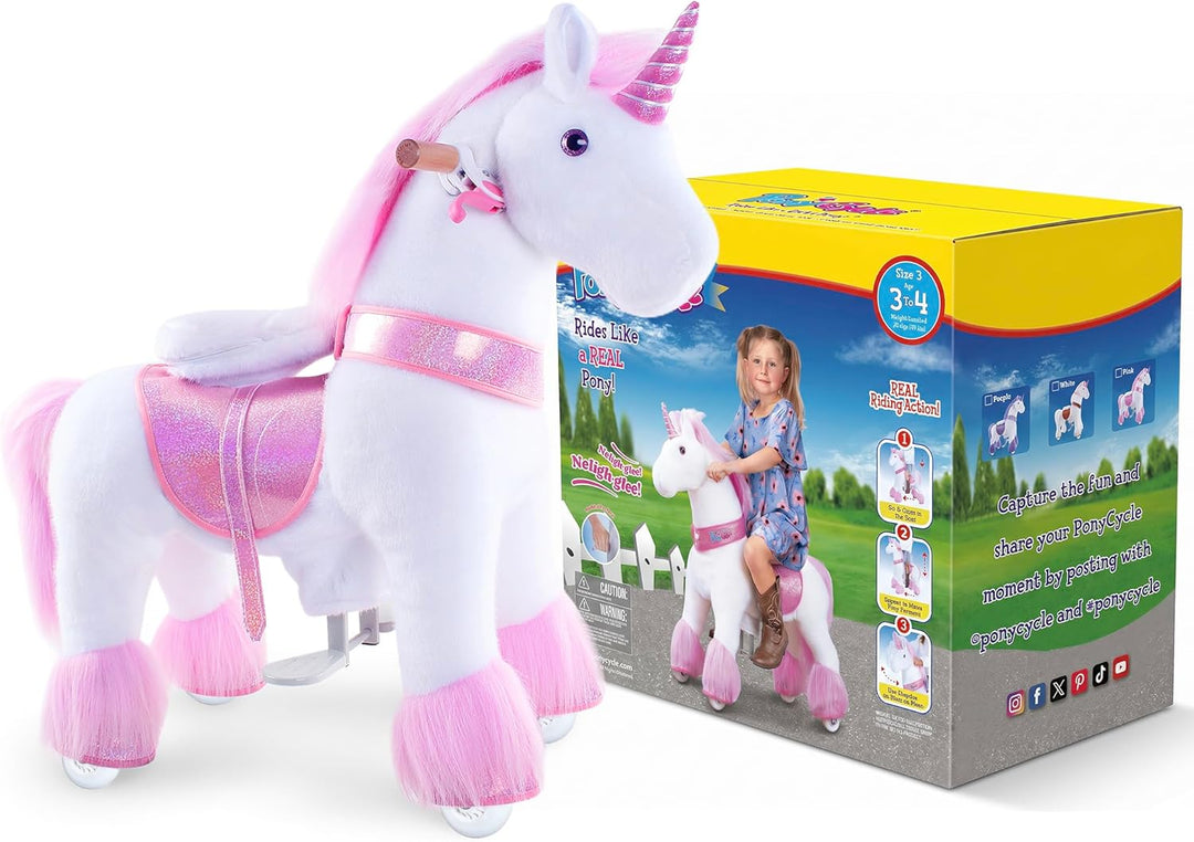 PonyCycle Einhorn zum Reiten, für Kinder 3–4 Jahre, 76cm Hoch, Einhorn auf Rollen mit Handbremse und