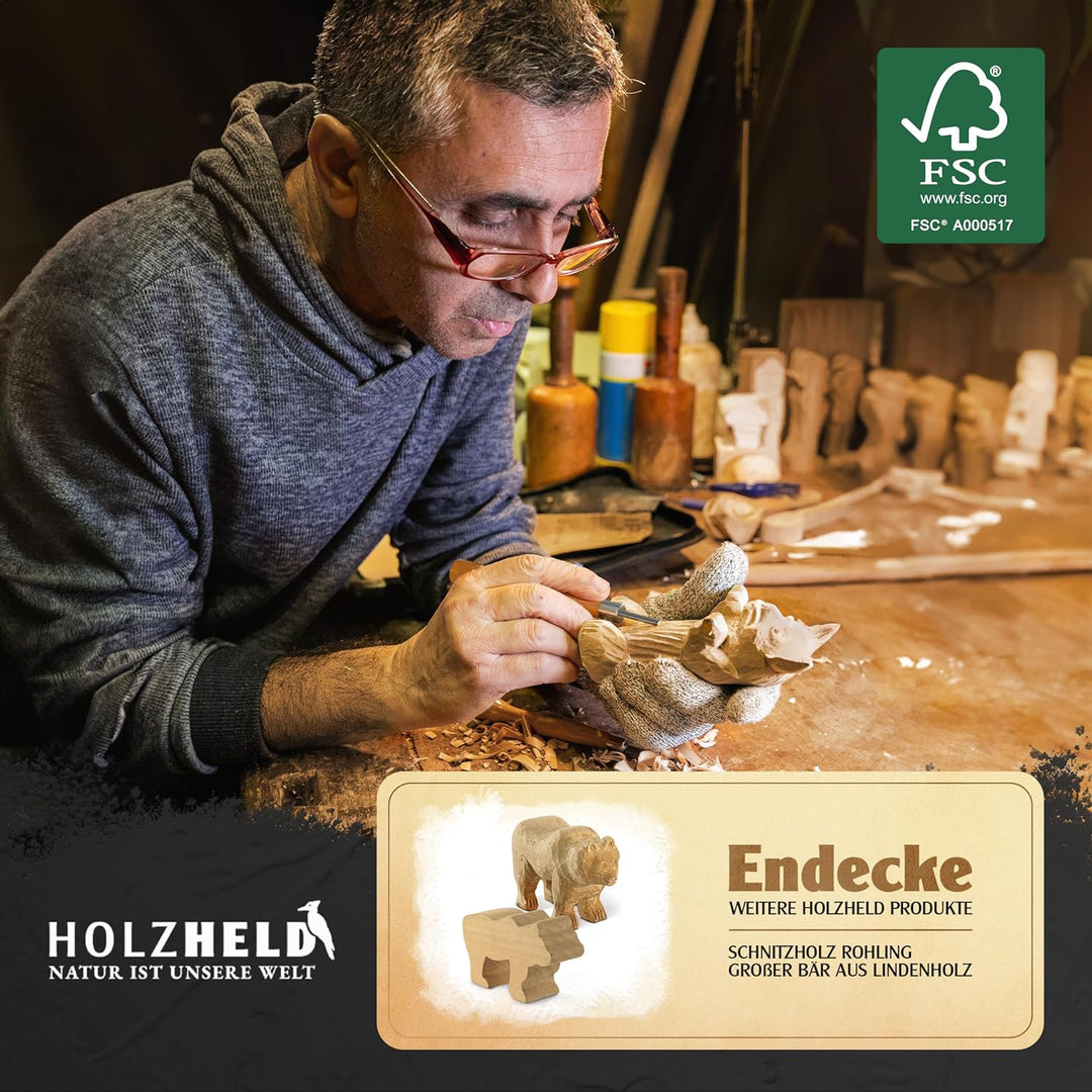 HOLZHELD hochwertiges Schnitzwerkzeug (24 teil.) inkl. 32 S. Anleitung 4 Vorlagen u dt. Schnitzholz