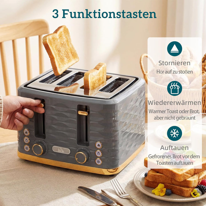 HOMCOM 4-Scheiben-Toaster mit 7 Bräunungsstufen, High-Lift, Aufwärm-/Auftau-/Abbruchs-Funktion, Selb