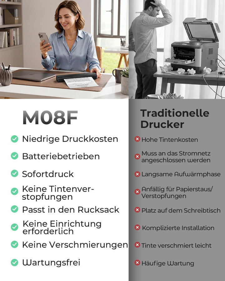 Phomemo M08F Mobiler Drucker A4 für Unterwegs Thermodrucker - Tragbarer Bluetooth Drucker für Den He