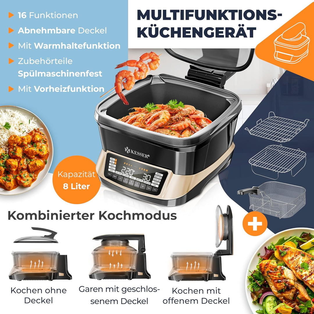 KESSER® Multikocher mit Heissluftfritteuse 8L & 16 Programme Küchengerät - Grillen, Backen, Schmoren
