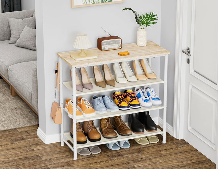 HOMIDEC Schuhregal,4-Ebenen Schuhablage mit Holzbrett als oberstes Regal,Schuhaufbewahrung für 12-16
