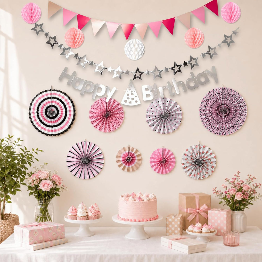 Geburtstagsdeko Set Rosa 16-teilig – Papierfächer Wabenbälle Wimpelkette Happy Birthday Girlande Ste