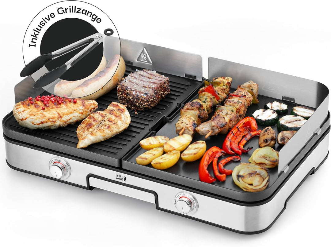 LEBENLANG Elektrogrill Tischgrill elektrisch - Inkl. Grillzange & Spritzschutz I 2400W Für Drinnen &