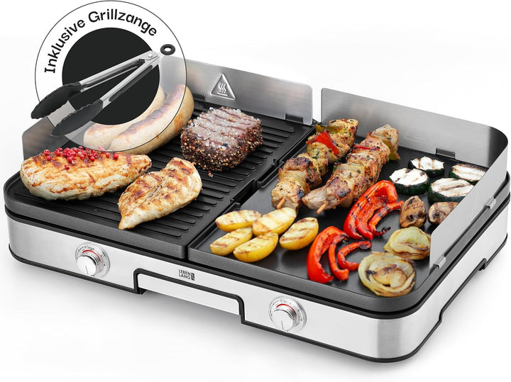 LEBENLANG Elektrogrill Tischgrill elektrisch - Inkl. Grillzange & Spritzschutz I 2400W Für Drinnen &