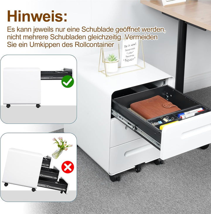 Rollcontainer, Mobiler Aktenschrank mit Schloss, Abgerundeten Ecken, 4 Schlüssel, 3 Schubladen, Druc