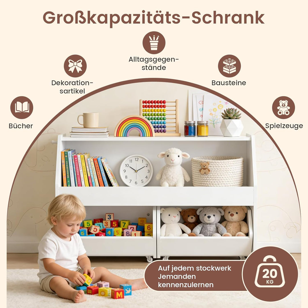 Kinderregal mit Boxen auf Rollen, Spielzeug Aufbewahrung, Kinderschrank Holz, Spielzeugregal Möbel f