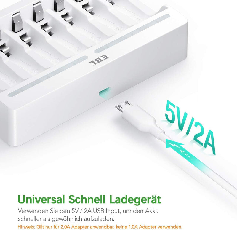EBL Akku ladegerät mit 8*AA 2800mAh Schnell Akkuladegerät für 8X NiMH AA/AAA Akkus & wiederaufladbar