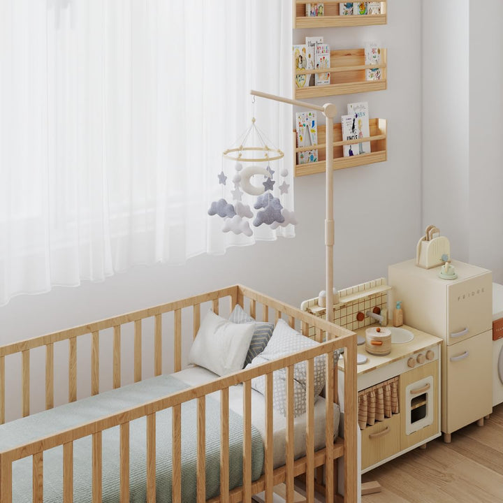Mondwolke Baby Mobile für Babybett, handgemachtes Filz Mobile Baby in Grau und Weiss, Mobile Babybet