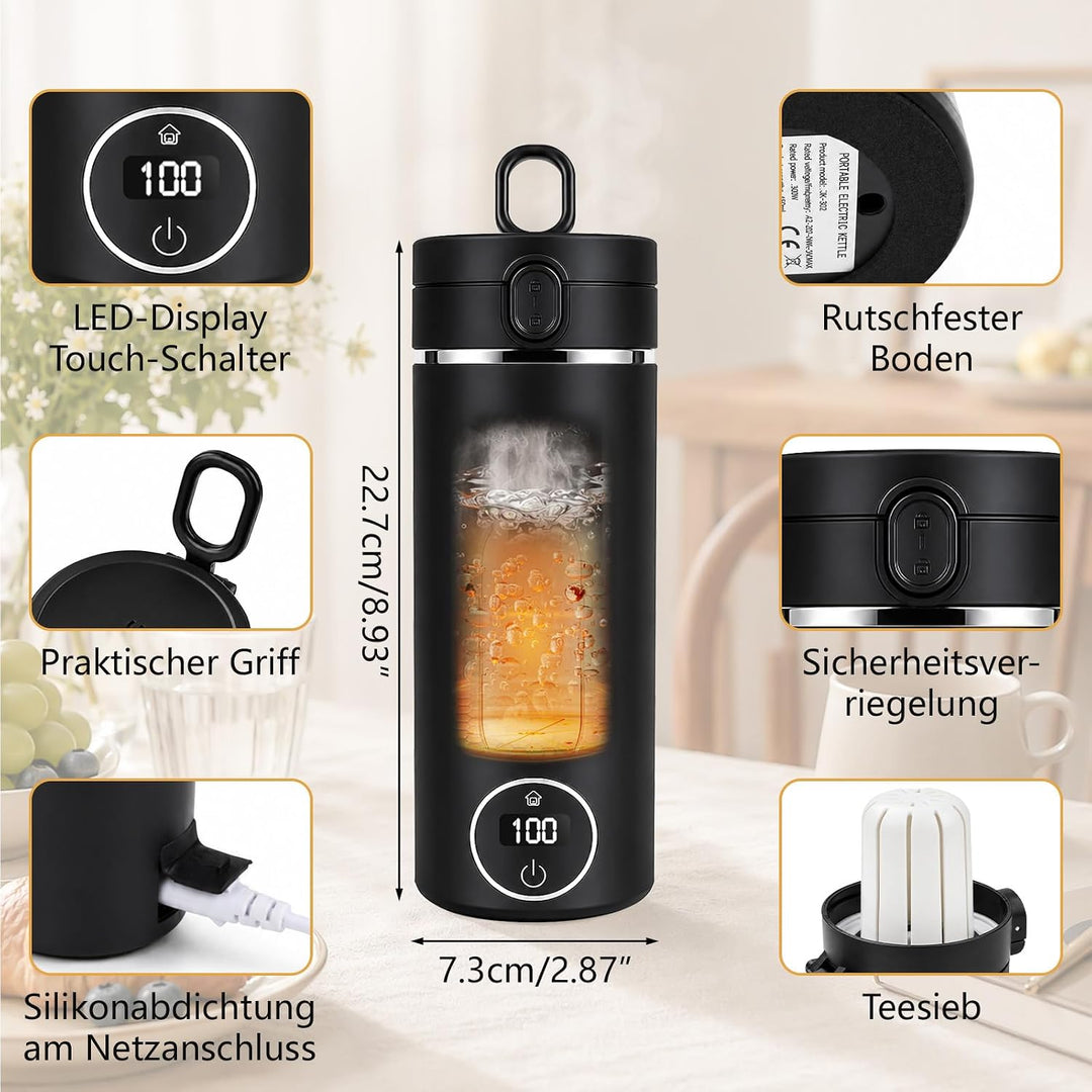 Skeufy 3-in-1 Reise Wasserkocher Klein mit Flaschenhülle &amp; Teesieb, Schwarz, Schwarz