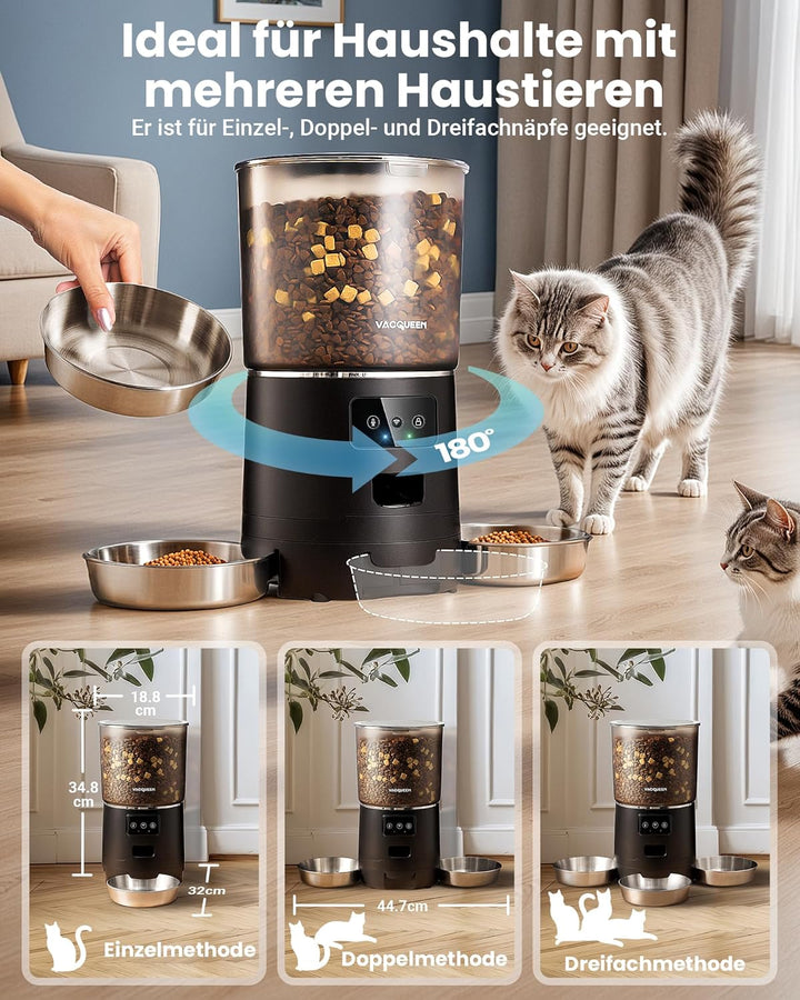 Futterautomat Katze mit APP, 6L /25 Tassen Katzenfutter Automat 3 Näpfe, 3 Trockenmittel Packungen,