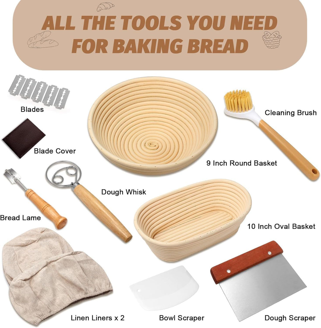Brot Gärkorb Set, Gärkörbchen zum Brotbacken, 23cm Rund & 25cm Oval Brotkörbchen, 100% natürlichem R