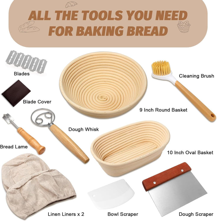 Brot Gärkorb Set, Gärkörbchen zum Brotbacken, 23cm Rund & 25cm Oval Brotkörbchen, 100% natürlichem R