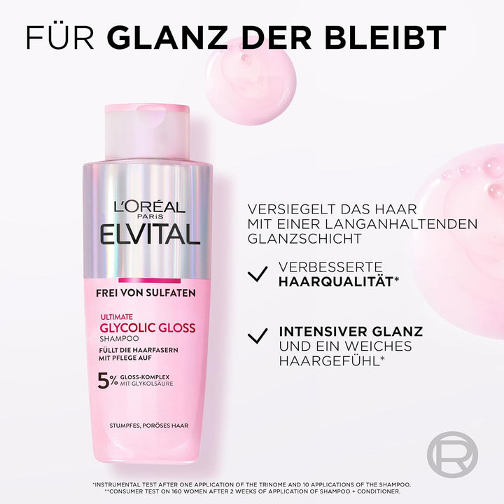 L'Oréal Paris Elvital Glycolic Gloss Bundle mit Shampoo, Spülung, 5 Minuten Haar-Laminierung für gla