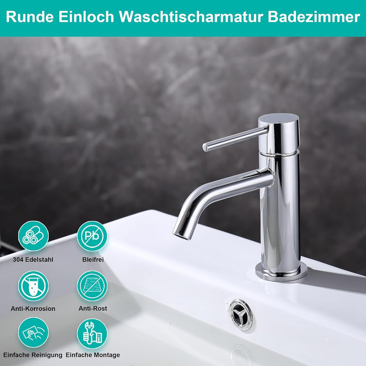 Friota Mischbatterie Wasserhahn Badezimmer Chrom, Anti Rost Bleifrei Armatur Waschbecken Silber mit