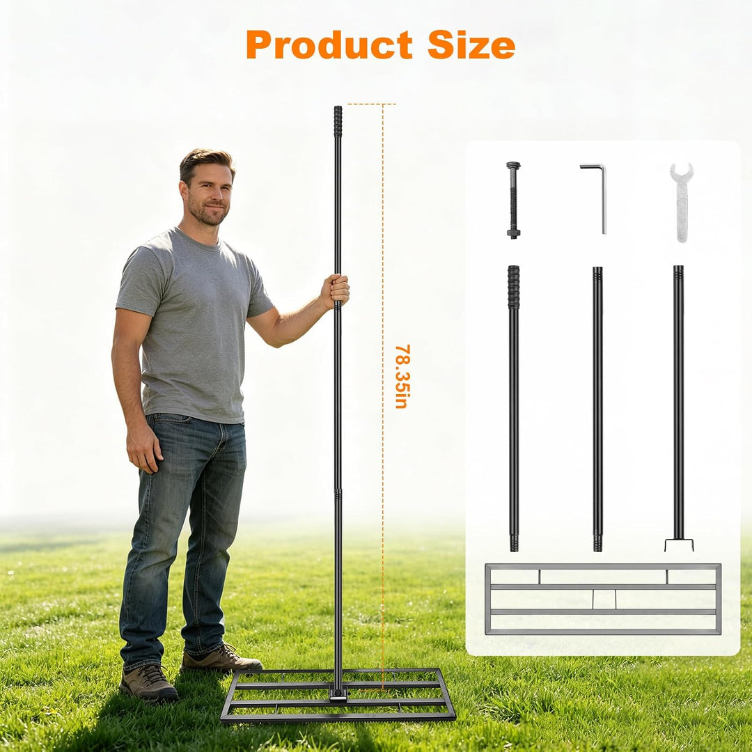 Rasen Nivellierrechen 81x25cm mit Gezahnte Seite und 199 cm Langer Griff, 2-In-1 Rasen-Nivelliergera