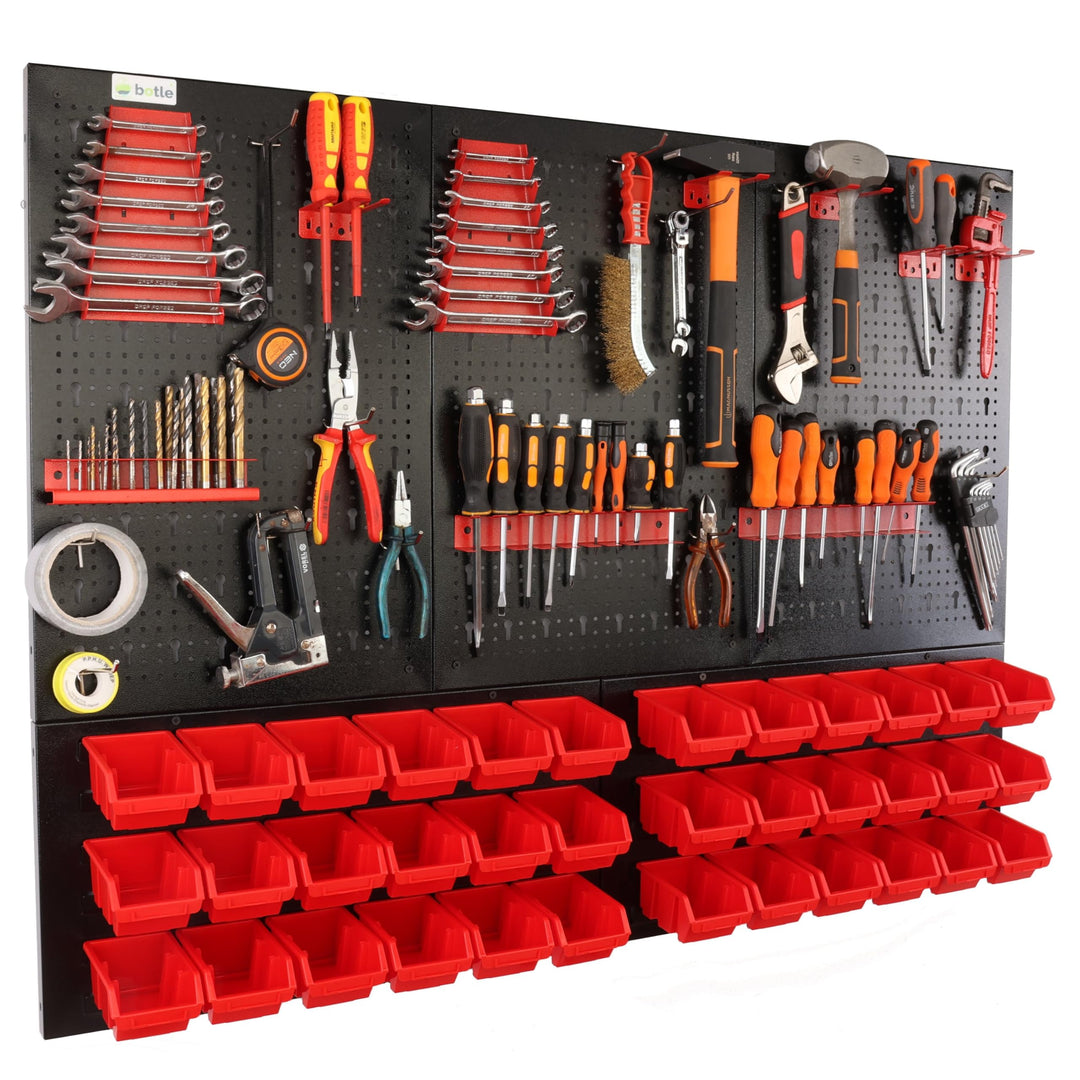 botle® Werkzeugwand Lochwand aus Metall, Stapelboxen + Wandregal + Werkzeughalter 63-tlg Set, Kleint